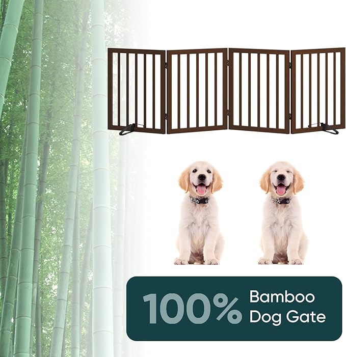 Freestanding Bamboo Wood Dog Gate Indoor, 4-Panel Pet Gates with 2 Stands and 360° Hinge for Doorways and Stairs, Puppy Gate for The House, Fully Assembled Safety Fence 74" W x 24" H - Black Walnut