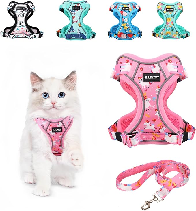 Halypet Cat Harness and Leash Set[MAX Safety 4th-Gen] Cute Escape Proof Vest Harness for Girl&Boy Cat Walking, Comfortable Adjustable Leash and Reflective Strips for Outdoor Kitten, XS Pink Unicorn