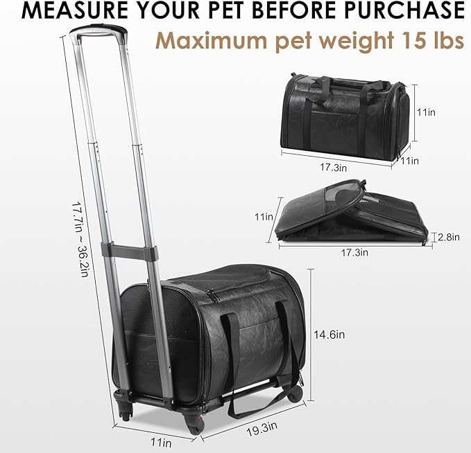 Leather Pet Carrier with Wheels, Airline Approved Travel Bag for Small Dogs & Cats Under 15 lbs, Rolling Pet Carrier for Airplane, Camping & Outdoor Black