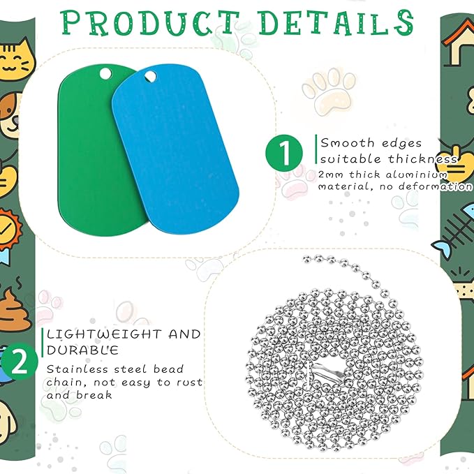 Yinkin 200 Pcs Personalized Military Dog Tags Set Including 100 Pcs Aluminum Blank Dog Tags for Engraving 100 Ball Steel Chain Rectangle Metal Blank Stamping Label for DIY Craft(Multicolor)