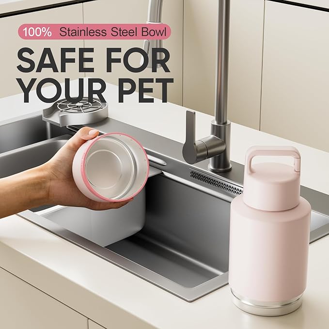 Insulated Dog Water Bottle with Travel Bowl, Dog Lover Gift, Portable Water Bottle Dispenser, Accessories for Car, Hiking, Camping, Outdoor, Leak-Proof, Detachable (Pale Pink)