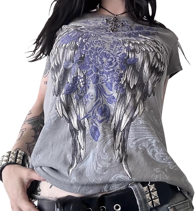 Women Y2K Graphic T-Shirts Summer Short Sleeve Punk Gothic Tee Tops Vintage 90s Aesthetic Emo Clothes Streetwear