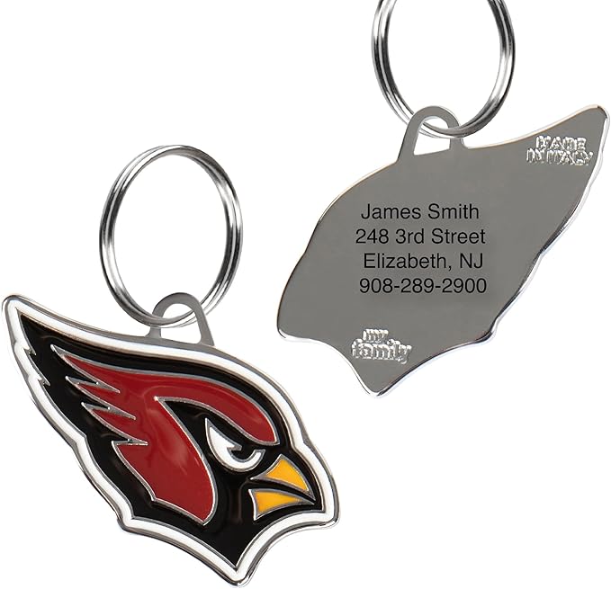 NFL Arizona Cardinals Engraving Pet ID Tags in 32 Team Logo Shapes Personalized Dog Tags and Cat Tags with 3 Lines of Customizable Text for Tracking & Safety. Stainless Steel Pet ID Tracking Tags