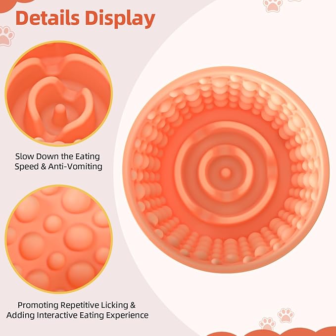 Dog Slow Feeder Lick Bowl, Non-Slip Dog Licking Treat Dispenser, Slow Feeder Bowls for Small Medium Large Breed Dogs, Anxiety Relief & Anti-Choking, BPA Free Silicone (Light Orange, 1.6 Cup)