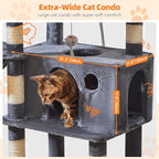 Taoqimiao Large Cat Tree，73-Inch Cat Tree Tower with 9 Scratching Posts for Indoor Cats, 2 Large Cat Condo with Hammock, Hanging Basket, 2 Extended Platform, Smoky Gray MS013XLG