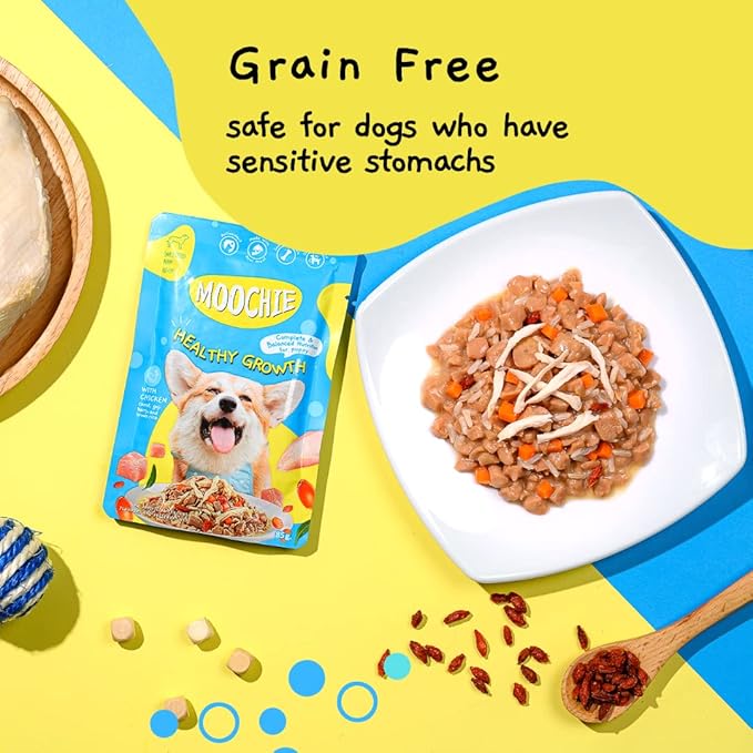 MOOCHIE Soft Puppy Wet Dog Food - Healthy Growth - Real Chicken, Beef, Vegetables & Rice - No Artificial Flavors or Preservative - 12 x 3 oz Pouch