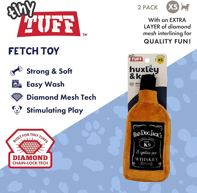 Huxley & Kent Funny Dog Toy w/Squeaker – Power Plush Squeaky Dog Toys for Small Dogs – Durable Small Stuffed Animal for Indoor Play & Fetch - Tiny Tuff Bad Dog Jack's Whiskey