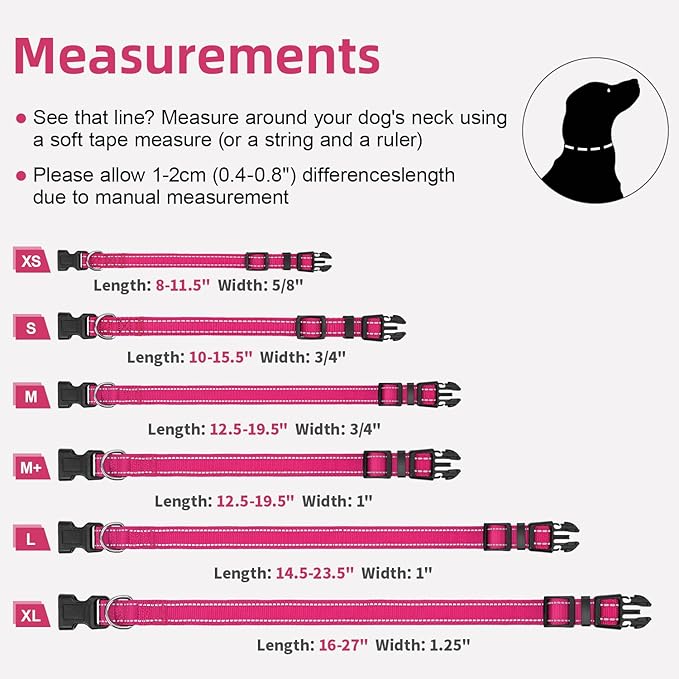 Reflective Dog Collar, Soft Neoprene Padded Nylon Pet Collar with Quick-Release Buckle, Adjustable for Mediunm Dogs,Hotpink,M, 3/4" Width