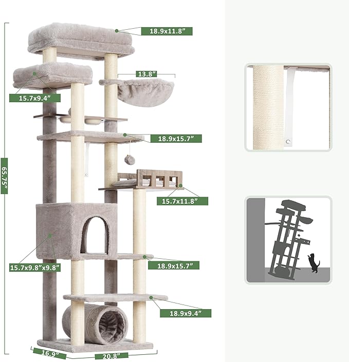 Cat Tree with Tunnel, Cat Tower for Indoor Cats, Tall Cat Tree Tower with Cat Condo, Food Station, Large Platform, Scratching Posts, Hammock, Light Gray GCT021W