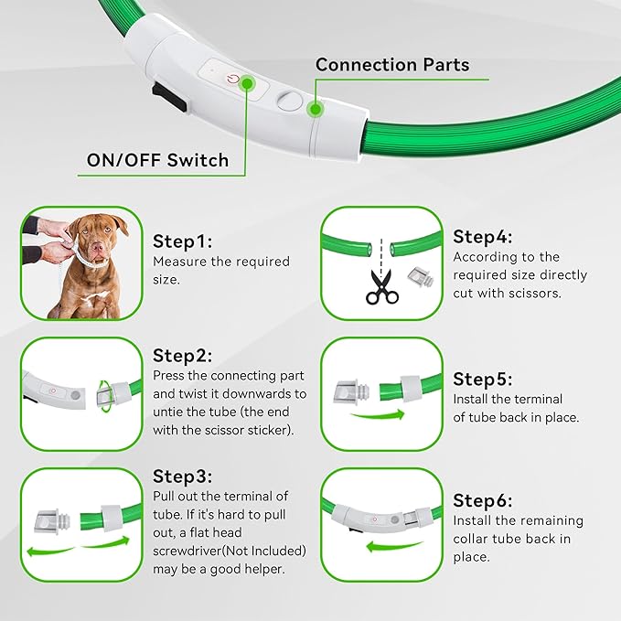 Led Light Up Dog Collar Rechargeable Waterproof, Glow in Dark Dog Collar, TPU Cuttable Lighted Dog Collars for Night Walking Charging USB, Safety for Small Medium Large Dogs Green