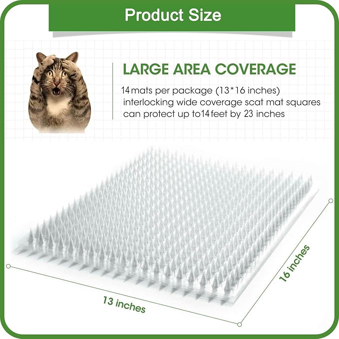 14 Pack Scat Mat for Cats - 16 x 13 Inch Cat Spike Mat with 1 Inch Spike, Cat Repellent Indoor & Outdoor Mat to Deter Cats & Other Animals, Humane Deterrent Indoor Fence