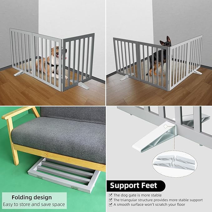 ZJSF Freestanding Indoor Dog Gate for House Foldable Wood Puppy Gate for Doorways Pet Gate for Stairs Extra Wide Pet Fence, Grey, 24" Height 2 Panels