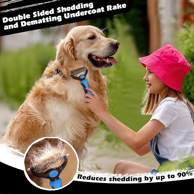 3PCS Self Cleaning Slicker Brush & Pet Grooming Rake & Bath Brush for Dogs and Cats | Double-Sided Dematting Pet Comb & Skin Friendly Deshedding Grooming Tool | Premium Pet Supplies (Blue Black)