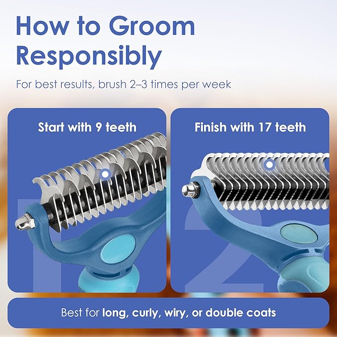 AKC-Dog & Cat Detangle Rake Style Brush | Durable & Effective | Anti- Slip & Easy Maintenance | Portable & Easy to Use | Stainless Steel Blades & Safety Guard | Detangling and Dematting Comb for Pets