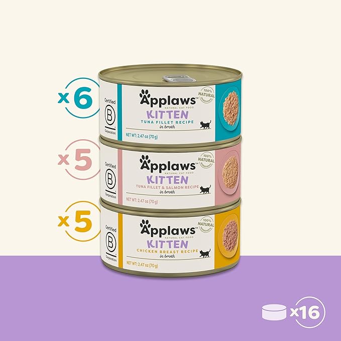 Applaws Natural Wet Kitten Food, Limited Ingredient, Grain-Free, Protein with No Artificial Additives, Kitten Variety in Broth Cans (16 x 2.47oz Cans)