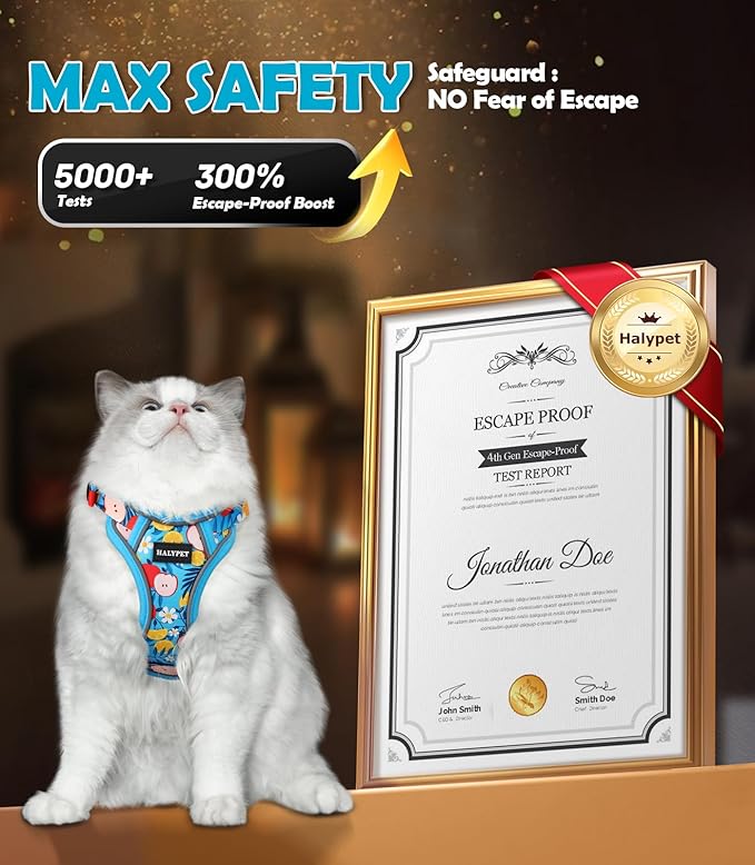 Halypet Cat Harness and Leash Set[MAX Safety 4th-Gen] Cute Escape Proof Vest Harness for Girl&Boy Cat Walking, Comfortable Adjustable Leash and Reflective Strips for Outdoor Kitten, M Azure Floral