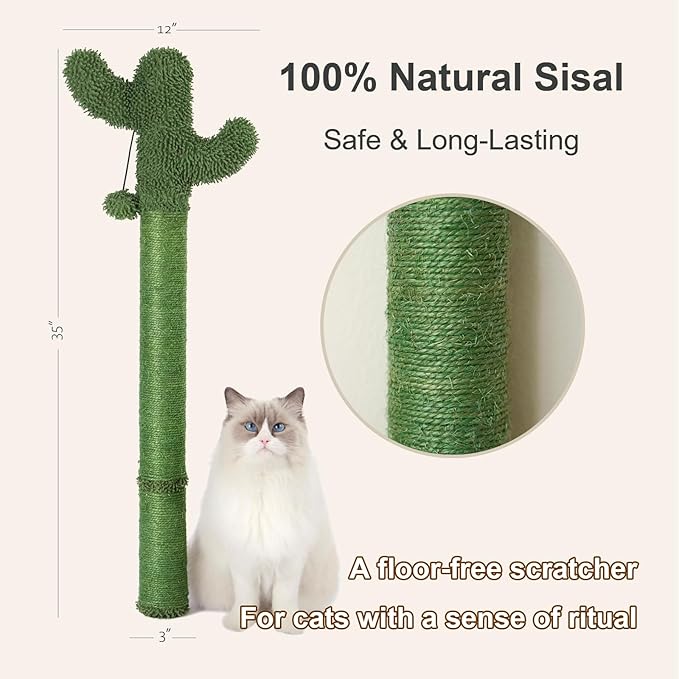 35" Extra-Tall Wall Mounted Cat Scratcher – Vertical Sisal Scratching Post for Large Cats, Space-Saving Cat Wall Climber with Self-Grooming Brush & Hanging Ball Toy, Stylish Cactus Design, Green