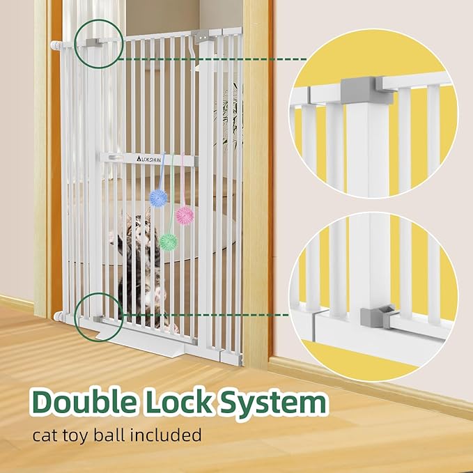 60" Extra Tall Pet Gate, 30-40" Wide, Auto Close, White Metal for Stairs & Doorways, Cat Toy Included