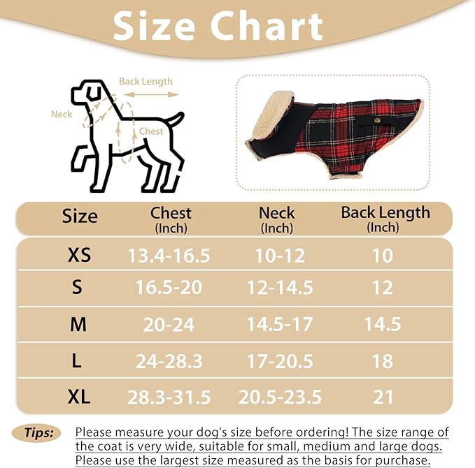 Winter Coat for Small and Medium Dogs, Puppy Plaid Jacket, Cotton Coat for Cold Weather, Windproof Warm Dog Garments, Pet Thickened Outfits Indoor Outdoor, Red S