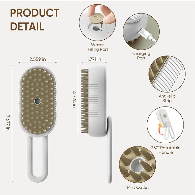 4-in-1 Steam Brush for Cats – Self-Cleaning Comb for Long and Short Hair Cats and Dogs, Steam Pet Brush for Hair Removal, Vibrating Message, Grooming & Relaxation (White)
