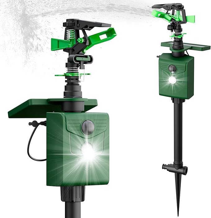 Motion Activated Sprinkler Deer Repellent Devices with Flashing Light, Solar Powerd Cat Repellent Outdoor with Motion Sensor - Keep Rabbits Shunks Dog Raccoons Birds Away from Lawn and Garden
