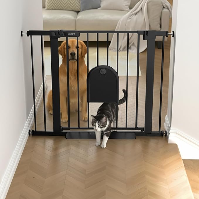 29.5"-40.5" Baby Gate with Cat Door for Stairs & Doorways - No Drilling, Easy Install 30.5" Tall, Auto-Close Metal Gate, Pressure Mounted - Indoor Gate for Cats and Pets, Black
