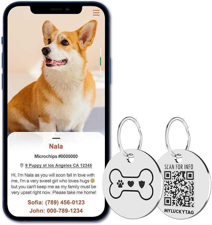 MYLUCKYTAG Stainless Steel QR Code Dog Tags - Scan for Instant Pet Location Alerts