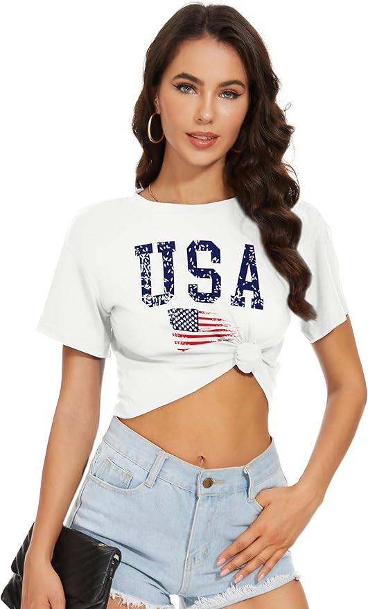 Womens Summer Crop Tops Short Sleeve Round Neck T-Shirts Loose Fit Casual Blouse