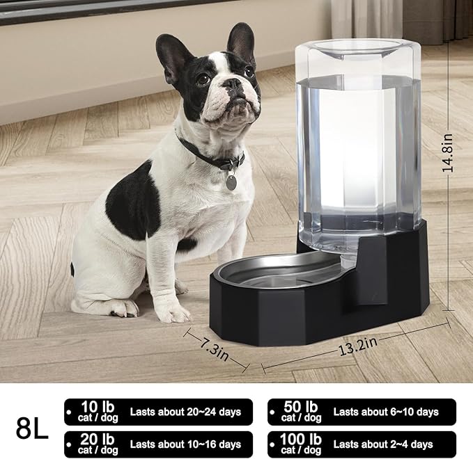 Sfozstra Large Dog Water Dispenser: 8L Automatic Black Water Feeder with Stainless Steel Bowl - Without Filter - Gravity Design for Multiple Pets Indoor/Outdoor