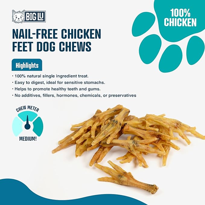 Big Lu – Nail-Free Chicken Feet Dog Chews, 100% Natural Single-Ingredient Treats, Rawhide-Free, Long-Lasting, Rich in Glucosamine and Chondroitin for Joint Health (60 Count)