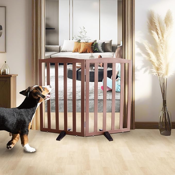 ZJSF Foldable Freestanding Indoor Dog Gate for House Wood Long Pet Gates Dog Fence for Stairs Puppy Gates for Hallways, Puppy Gate,Support Feet Included, Brown, 32 "Height-2 Panels