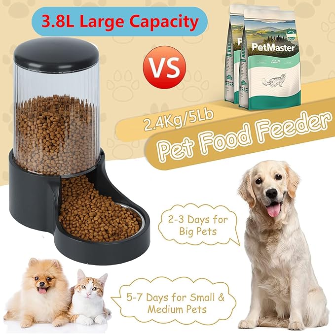 Automatic Cat Feeder, 3.8L Large Automatic Feeders with Detachable Top Lid, Visible Bottle and Stainless Steel Bowl for Cat, Dog and Pet (Black)