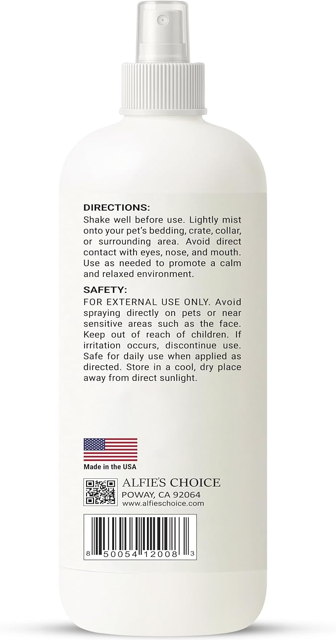 ALFIE'S CHOICE Pet Calming Aromatherapy Spray | 8 fl oz | for Cats & Dogs | Water Based Botanical Mist with Lavender, Ylang Ylang & Valerian | Promotes Calm and Relaxed Environment