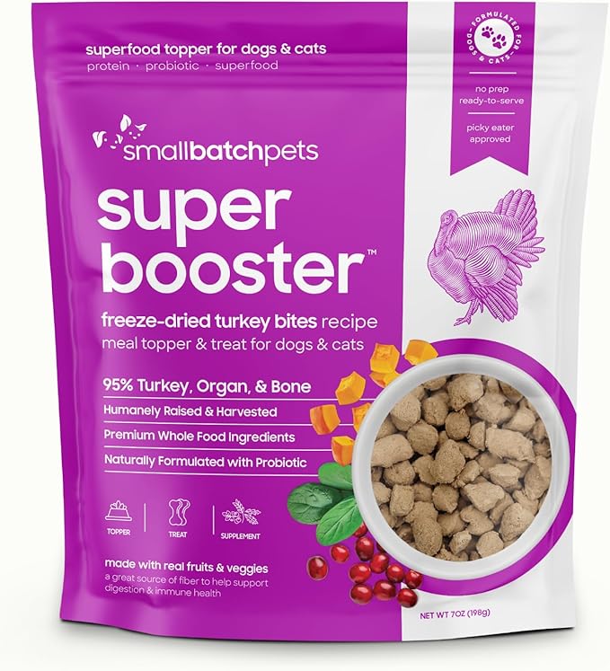 Smallbatch Freeze Dried Dog Treats, Superfood Food Topper Turkey Bites for Dogs & Cats, Probiotics, Organic Ingredients, High Protein, Grain Free Healthy Treat & Food Topper, Made in the USA, 7 oz Bag