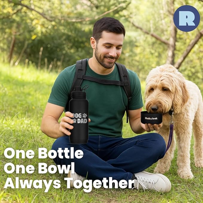 Dog Dad Water Bottle – 32 oz Stainless Steel Double Wall Insulated with 8 oz Detachable Bowl on Bottom – Cool Dog Dad Gifts for Men for Hiking, Walking, Travel & Everyday Adventures – DD Black