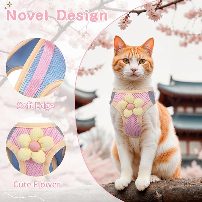 Cat Harness and Leash Set for Walking Escape Proof, Adjustable Kitten Harness Breathable Mesh with Reflective Strips Harness with Flower for Kitty Puppy Bunny