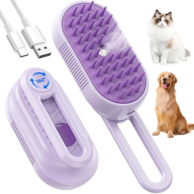 Cat Steam Brush for Shedding, 4 in 1 Brushs with Foldable Handle, Steam Brushs for Cats, Spritz Defur Comb for Cats, Water Brush for Cat, Pet Spray Hair Removal Comb (purple)