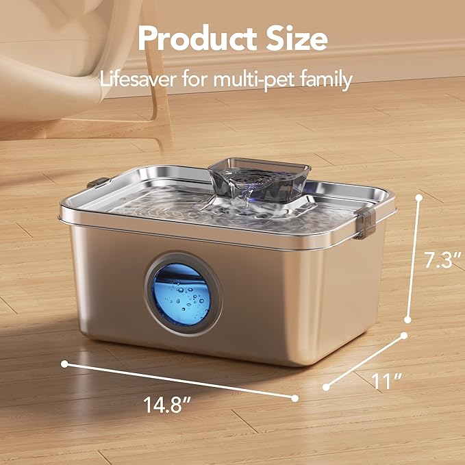 Dog Water Fountain, 3 Gallons Stainless Steel Dog & Cat Water Fountain, Large Pet Water Fountain for Multiple Pets, Ultra Silent, Wide Mouth, Safety Lock, 3 Filters Included, Smart Water Pump