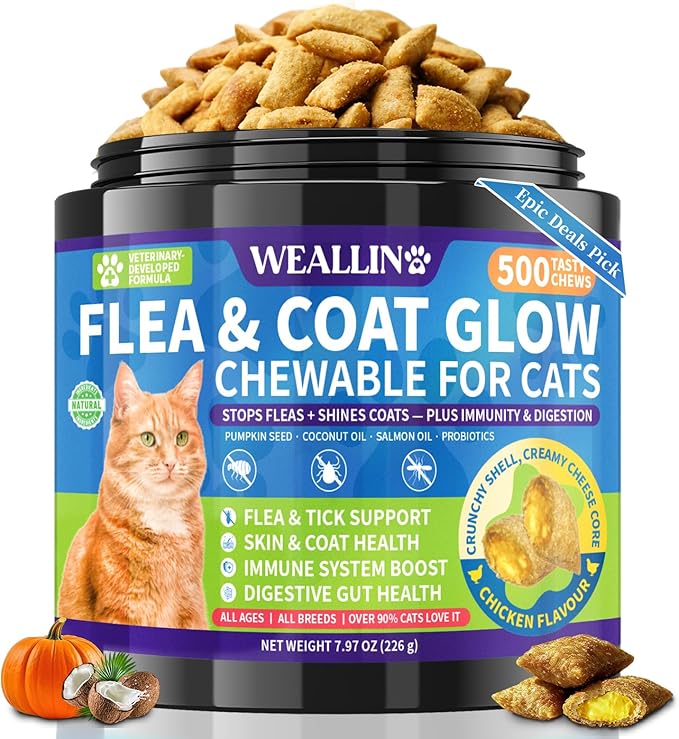 Flea and Tick Prevention for Cats - Cat Flea Treatment with Skin & Coat Support, 500 Crunchy & Creamy Chews, Oral Natural Flea Chewables for Gut & Immunity Support for All Breeds & Ages Chicken Flavor