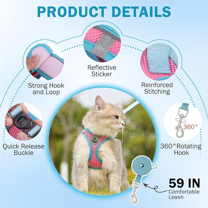 SCENEREAL Cat Harness and Leash Set Escape Proof, Adjustable Soft Air Mesh Kitten Harnesses for Girls Boys Small Medium Big Cats, Reflective Light Travel Pet Walking Vest for Puppy Rabbit, Pink L