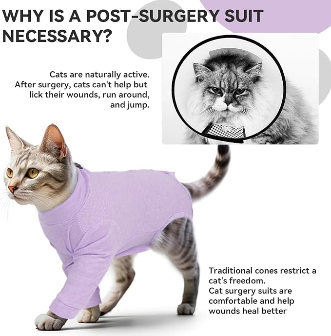 Cat Recovery Suit Male & Female Neuter, Cute Kitten Onesie for Cats After Surgery, Soft Fabric Cat Spay Clothes for Kittens, Kitten Surgical Pajamas for Girls, Cone Alternative Body Suit(Purple, S)