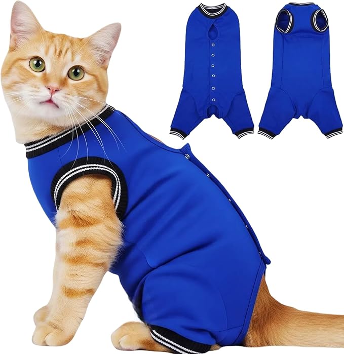 T'CHAQUE Cat Clothes Surgery Recovery Suit for Female Male, Cat Onesie Pet Surgical Pajamas Hind Legs Long Sleeve, Abdominal Wound Skin Diseases, E-Collar Alternative, Spay Recovery Suit, RoyalBlue-M