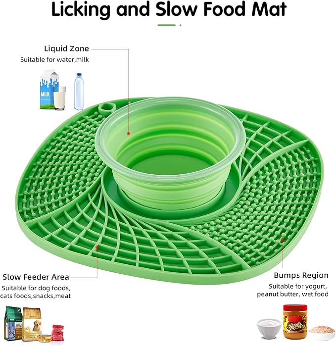 Lick Mat for Small Dogs and Cats with Suction Cups, Silicone Slow Feeder Lick Pad with Collapsible Bowl for Anxiety Relief, Pet Puzzle Treat Mat for Bathing Grooming Trimming (Green)
