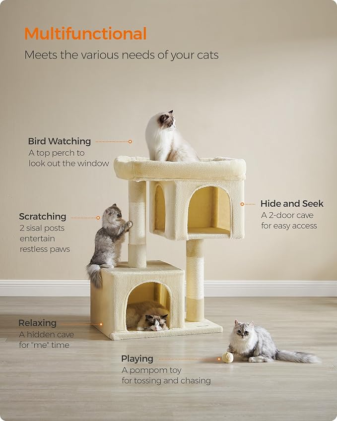 Feandrea Cat Tree, 39.8-Inch Cat Tower, XL, Cat Condo for Extra Large Cats up to 44 lb, Large Cat Perch, 2 Cat Caves, Scratching Post, Beige UPCT614M01