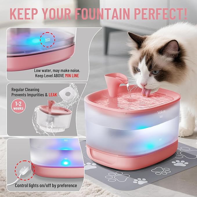 Veken Cat Water Fountain with Detachable Tank, Easy to Clean & Assemble, 84oz/2.5L Automatic Pet Drinking Dispenser with Quiet Operation & LED Light for Cats, Dogs and Small Pets, Red