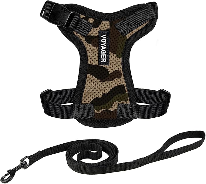 Voyager Escape-Proof Step-in Lock Cat Harness & 5ft Neoprene-Handle Leash Set All-Weather Mesh with Reflective Stitching for Small to Large Cats by Best Pet Supplies, Army/Black Trim, XXS