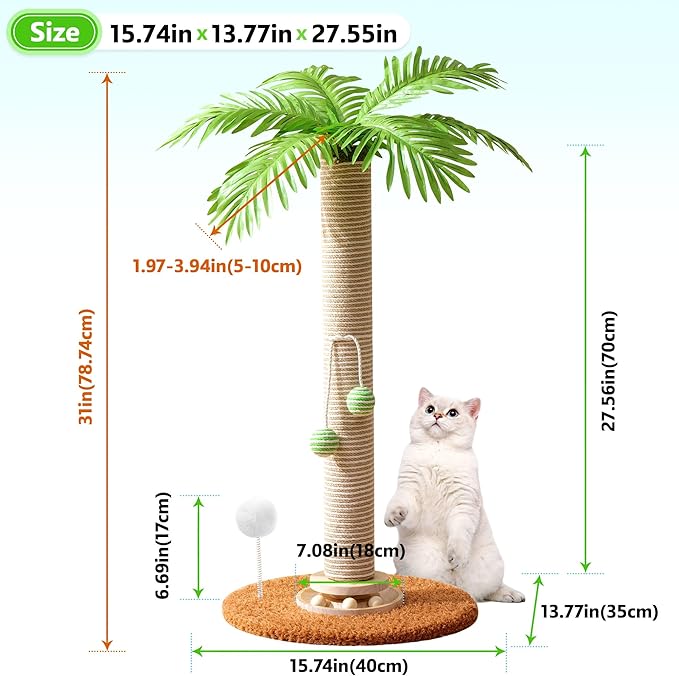 Cat Scratching Post for Space-Saving, 32'' Tall Cat Tree Post with Wooden Turntable Toy, Sisal Rope Cat Scratcher Post with 2 Interactive Ball for Indoor Cats and Kitten Climbing,Play & Rest