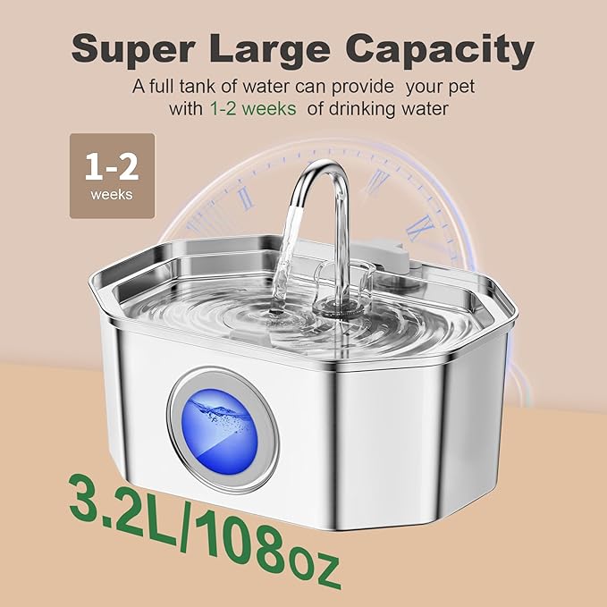 Cat Water Fountain Stainless Steel 108oz/3.2L, APAUK Automatic Pet Fountain Dog Water Dispenser with Water Level Window, Quiet Cat Fountain for Drinking, Inside with Replacement(2 Filters&2 Sponges)