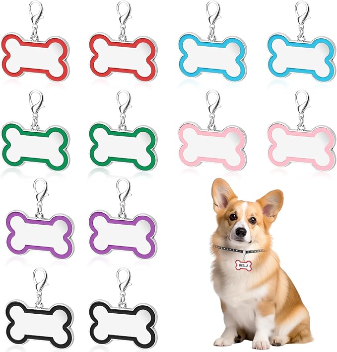 12 Pack Blank Dog Tags Engraved, Zinc Alloy Bone Shape Dog Name Tag, 1.8in Pet ID with Lobster Clasp for Engraving Name Phone Number (6 Colors)