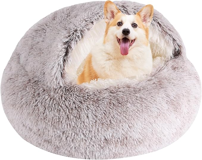 Round Hooded Cat Bed & Dog Bed with Cover Cave, Dog Bed for Small Dogs, Faux Fur Cuddler Round Coved Cat Bed Self Warming Donut Dog Bed Fits up to 22 lbs Pets(Coffee, 24inch x 24inch)